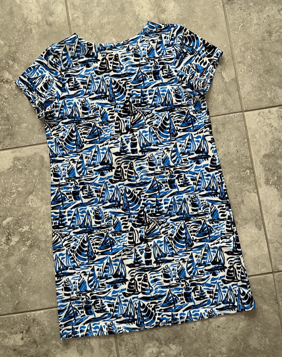 Jude Connally Short Sleeve Shift Mini Dress Stretch Cloth Blue Sail Boats New S