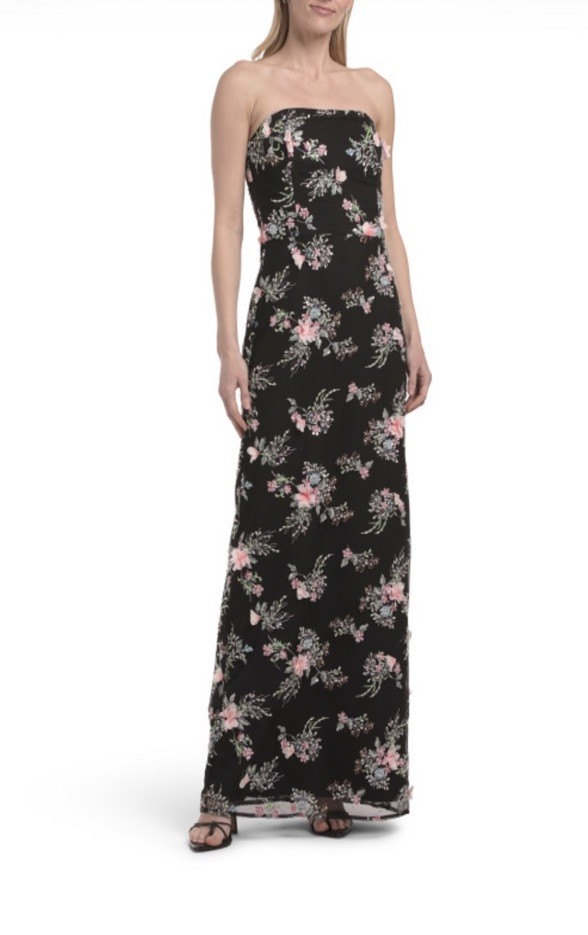 NWT ELLIATT Gaia Maxi Dress Black Pink 3D Floral Formal Dress Sz L Runs Small
