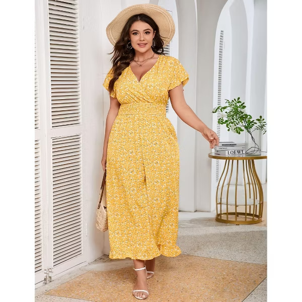 Womens Plus Size Jumpsuits Vintage Short Flutter Sleeve Ruffled Hem Floral Print