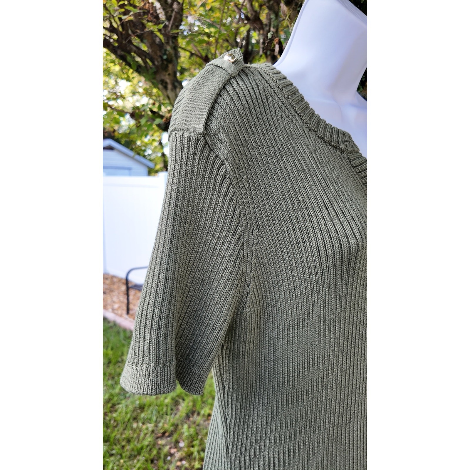 French Connection Olive Rib Knit Sweater Dress Gold Buttons Short Sleeve L