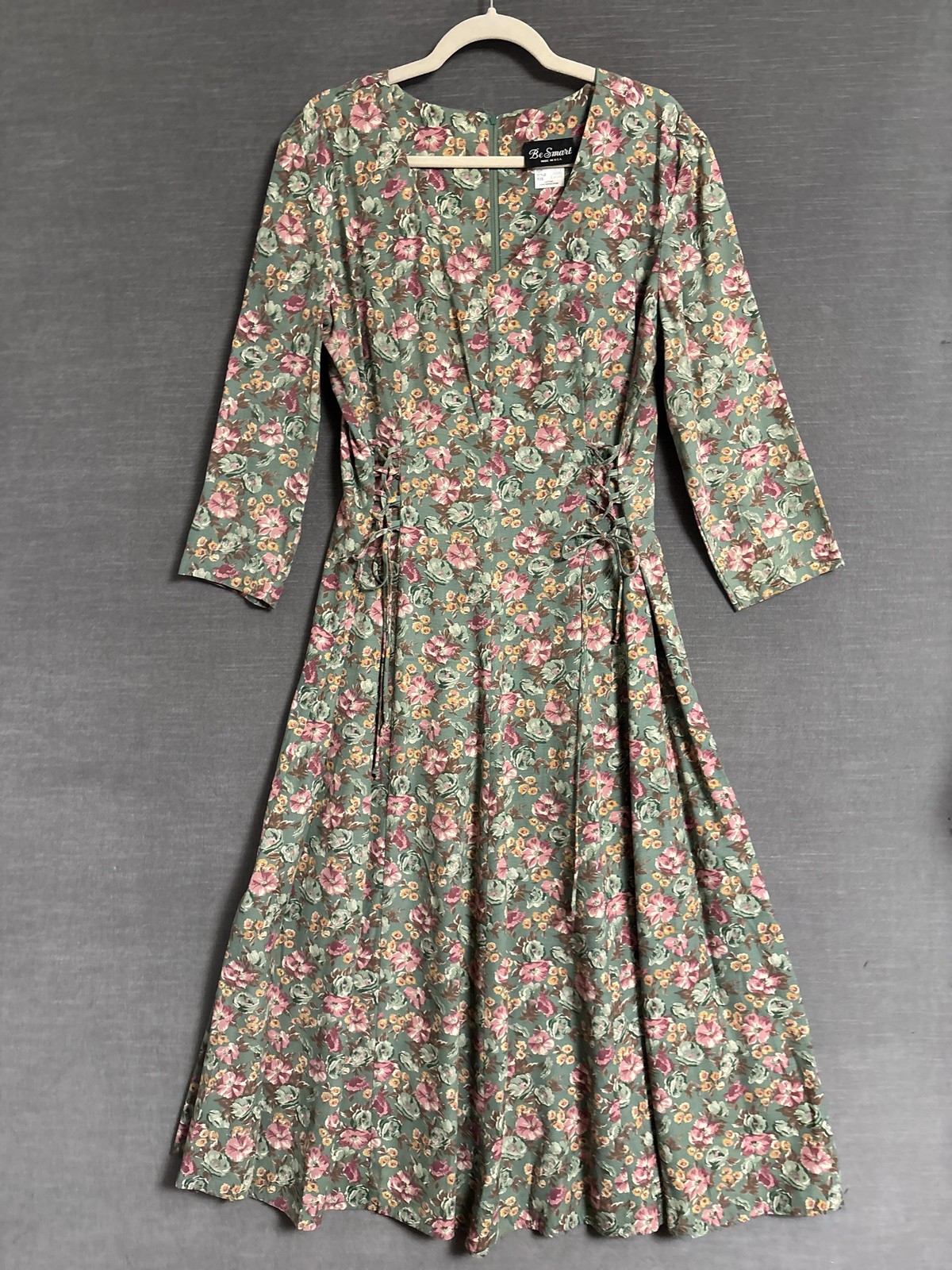 Vintage Be Smart Dress 13/14 Green Floral Lace Up Waist Fit Flare Maxi 90s Boho