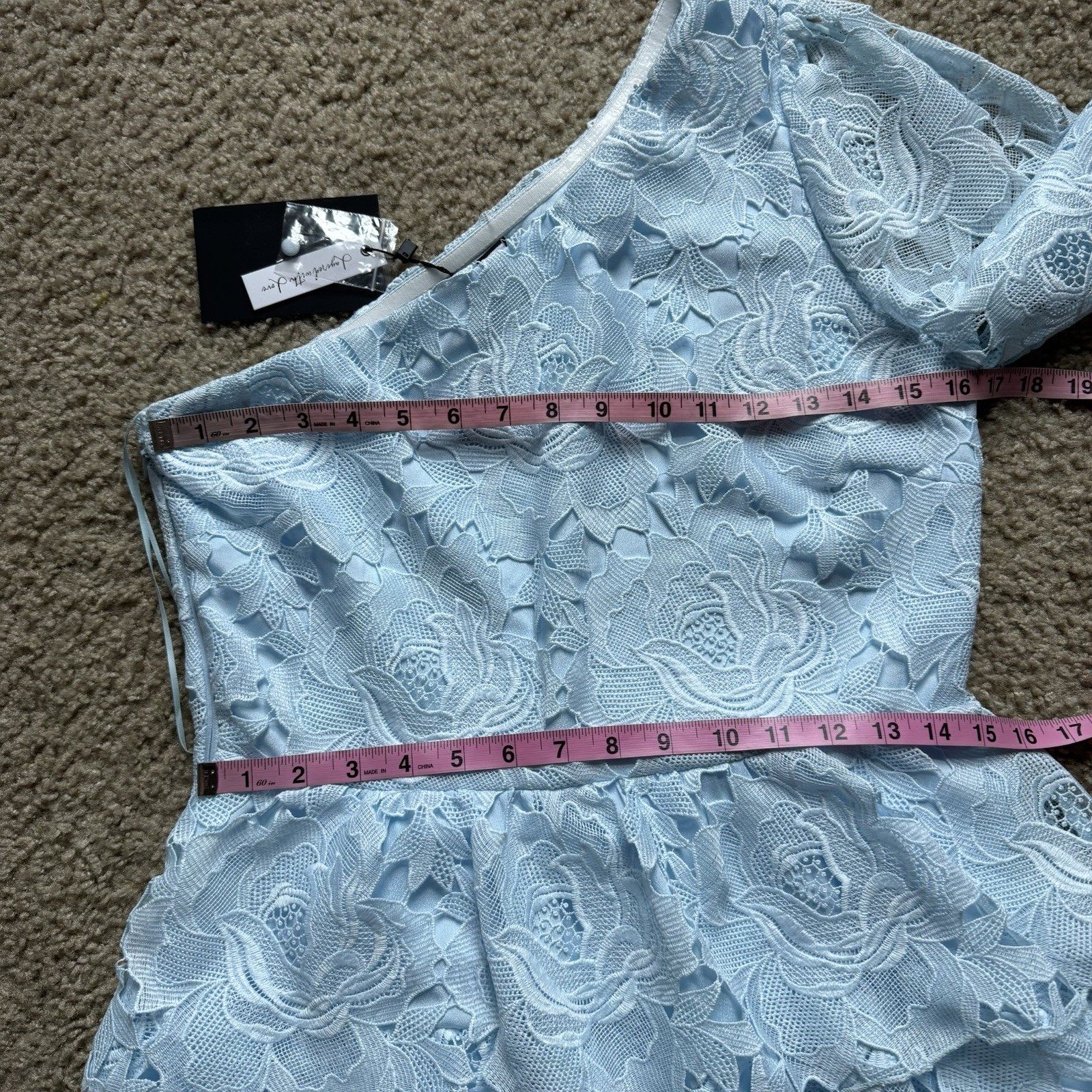 NWT Layered With Love One Sleeve Dress Sz M in Blue Sky Lace Above Knee
