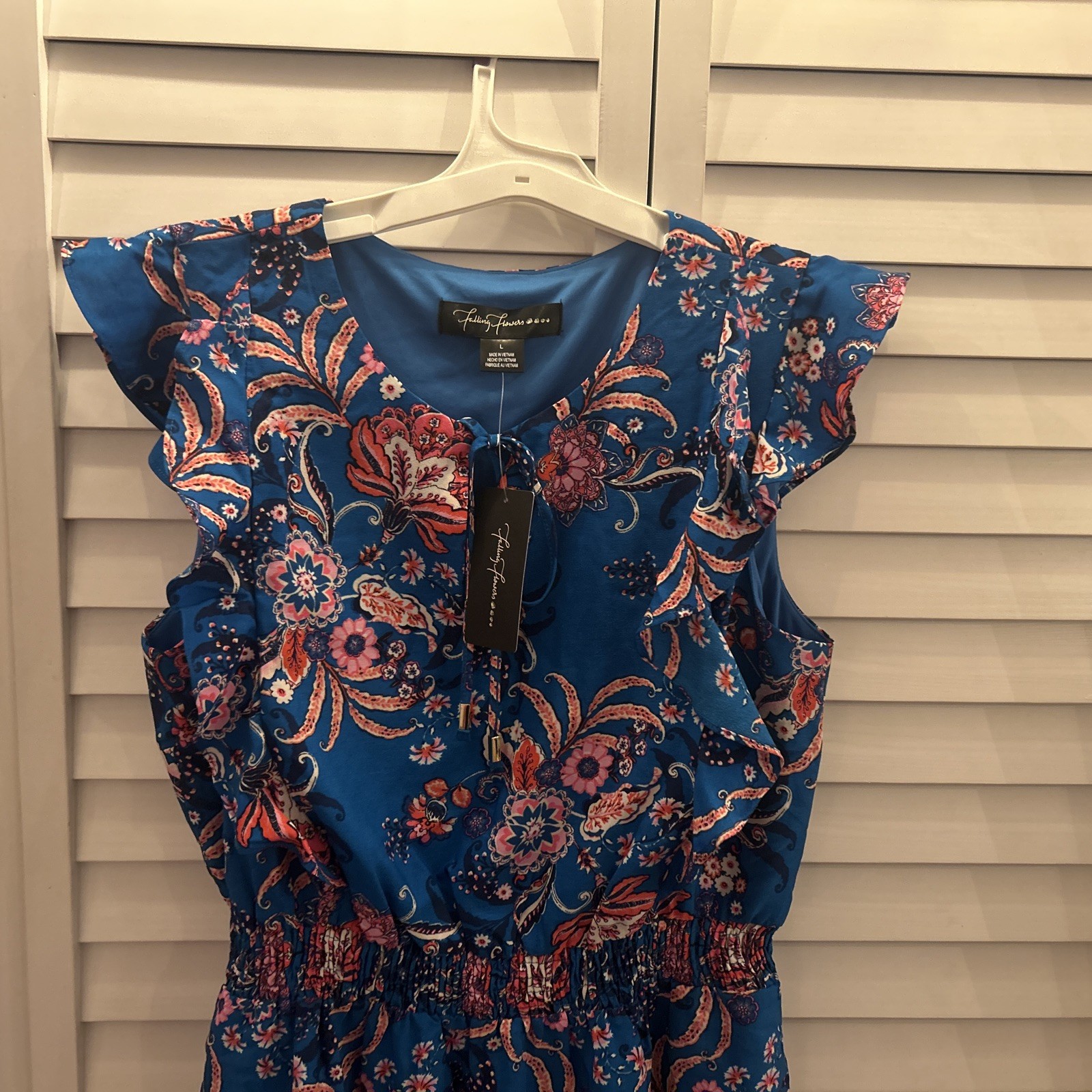 Falling Flowers Boutique Sleeveless Dress Large Blue Floral Boho Ruffles Midi