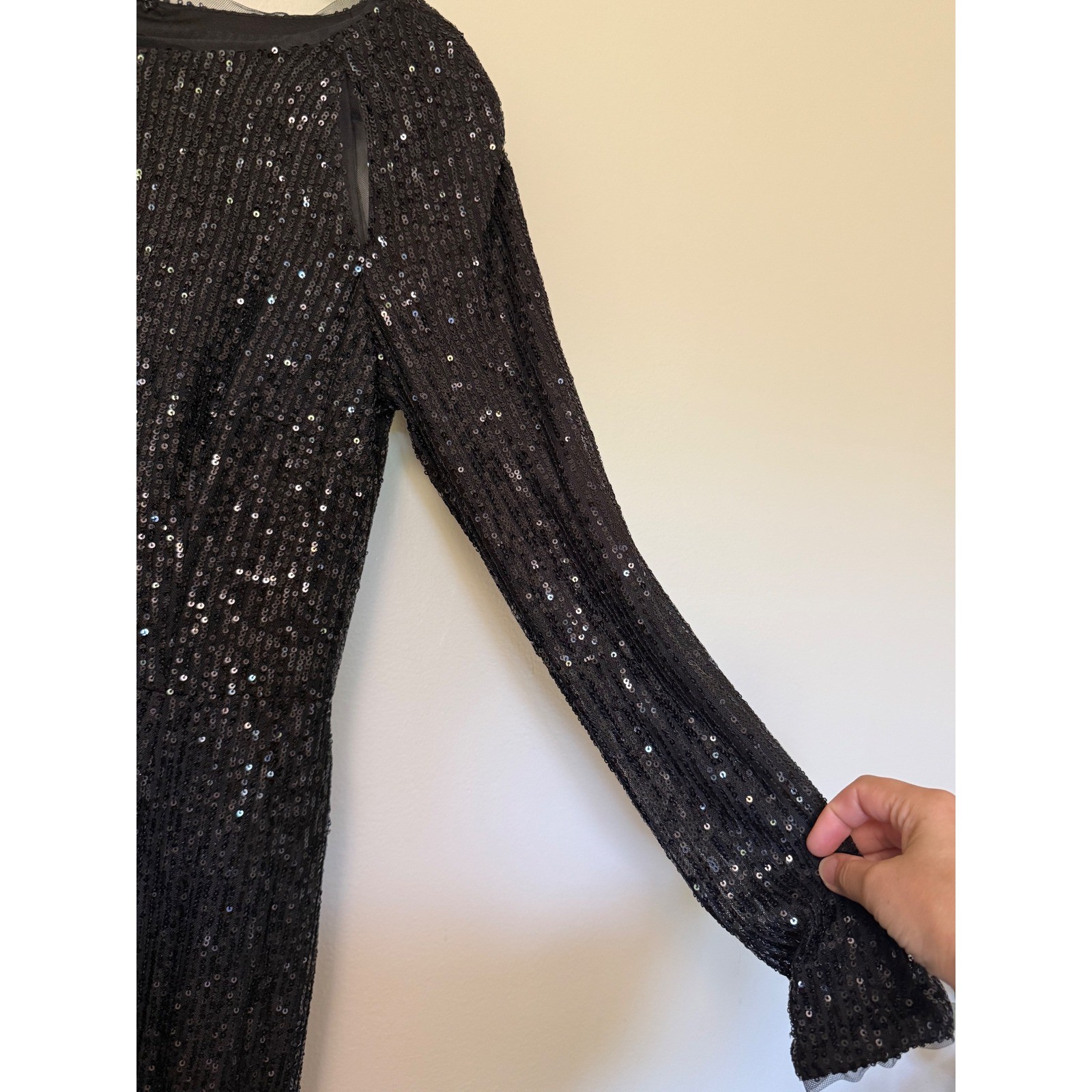 Black Sequin Long Sleeve Maxi Dress Shoulder Cut Out Side Slit Formal Gown