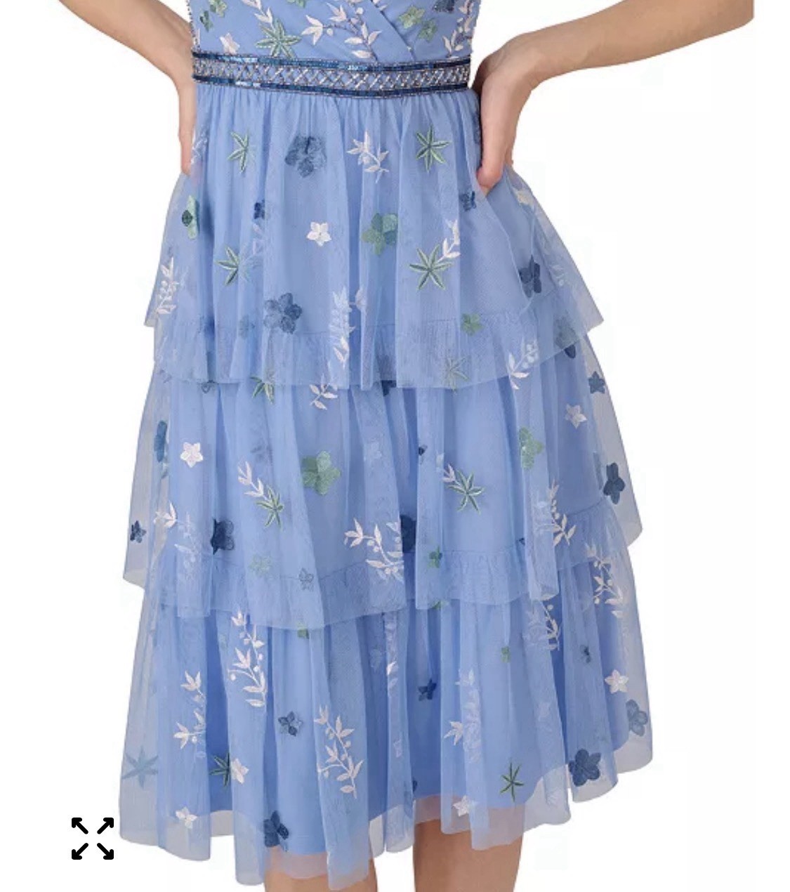 Adrianna Papell Beaded Tiered Mesh Dress Blue Womens Size 14 Floral Embroidered