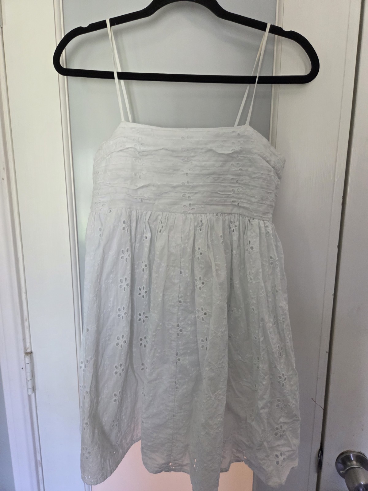 Altar’d State Women’s White Eyelet Smocked Square Neck Spaghetti Mini Dress S