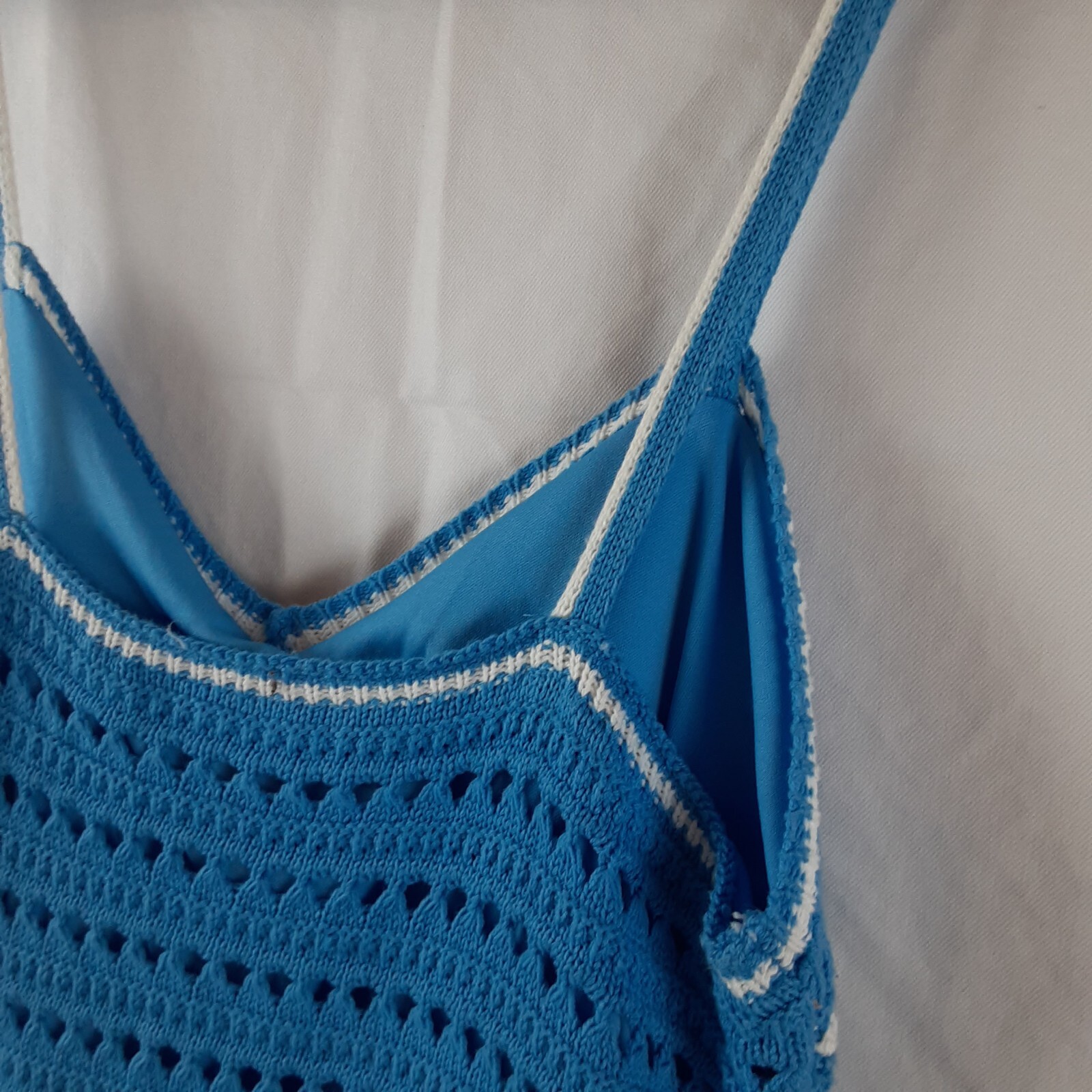 Willow & Wind Womens Small Blue Crochet Summer Dress Sleeveless White Trim