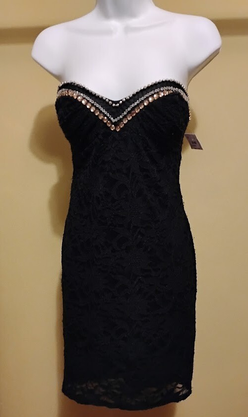 NWT Jump Apparel Black Solid Lace Bodycon Stripless Dress Size: 7/8