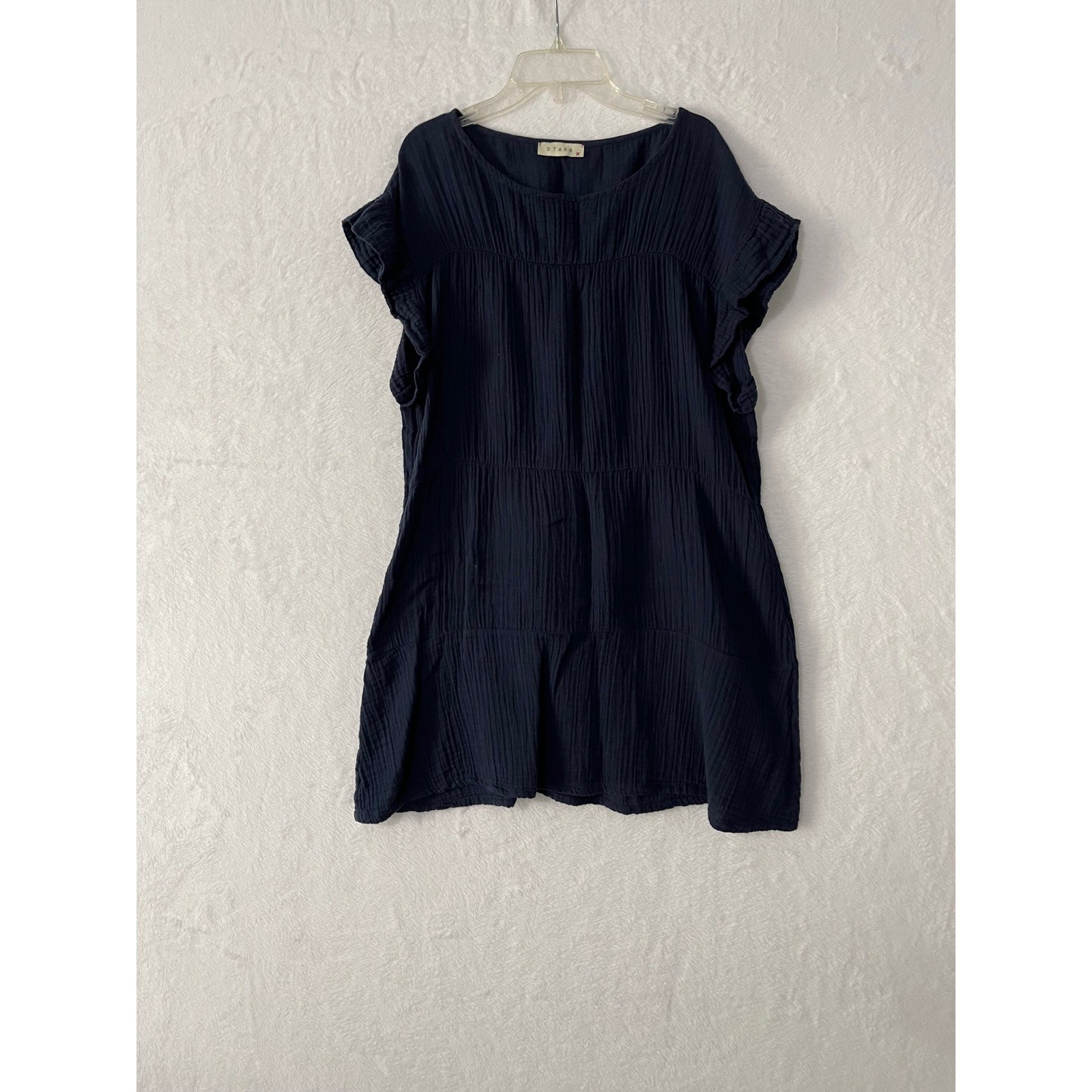 Stark X Navy Blue Cotton Double Gauze Tiered Flutter Sleeve Mini Dress Small