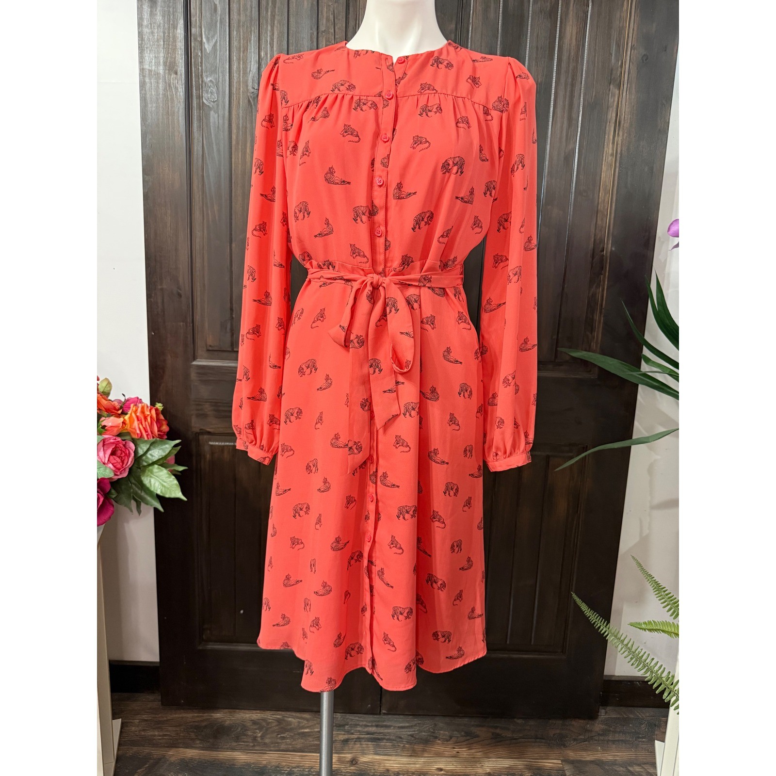 Banana Republic Tiger Print Midi Dress Coral Red Button Front Long Sleeve Size 8