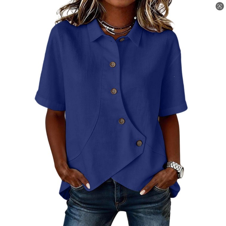Womens Casual Solid-color Irregular-button Blouse Loose-fit Short Sleeves