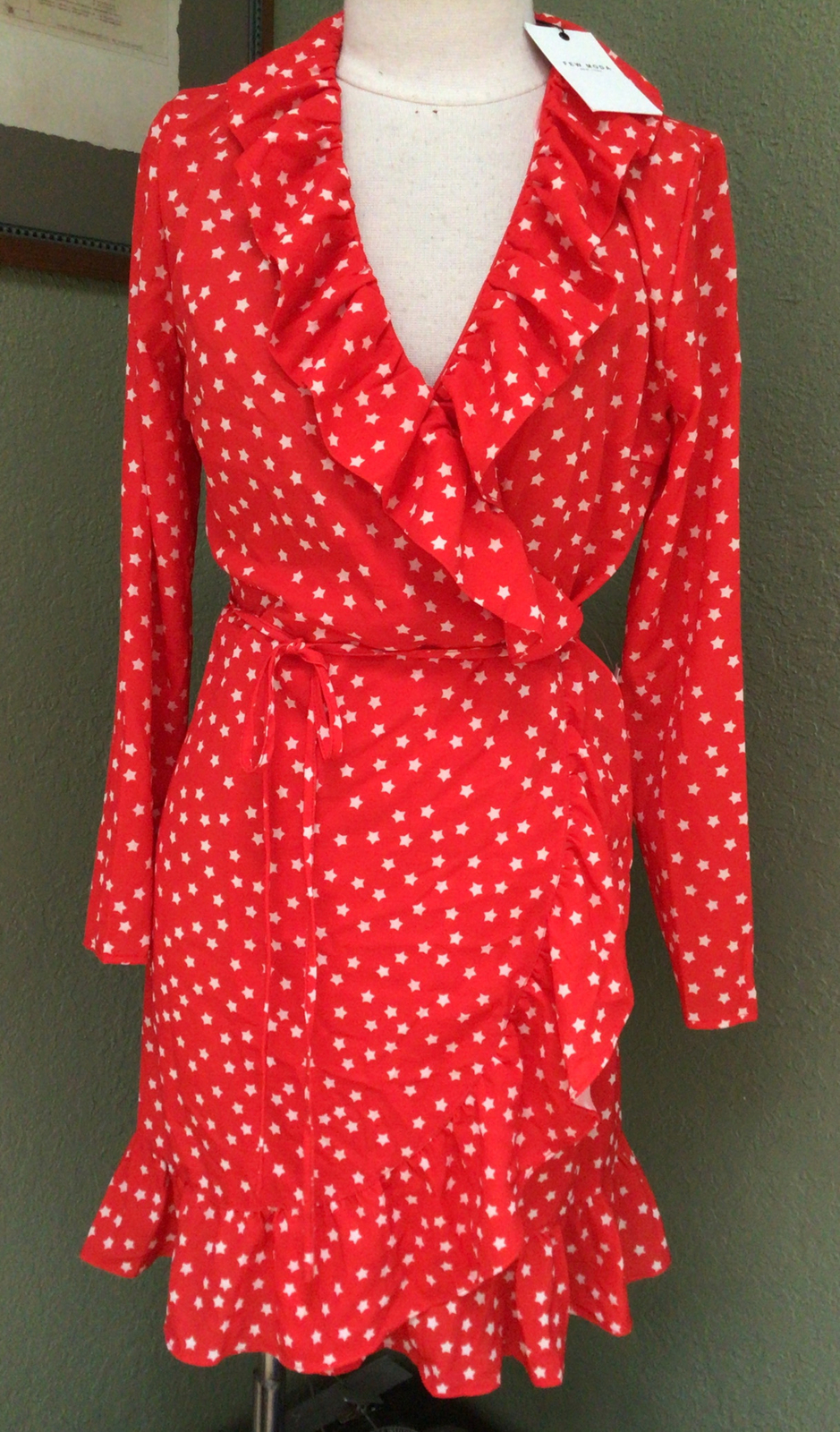 NEW NWT Few Moda Nordstrom Size L RED W/ WHITE STARS Ruffle WRAP Dress