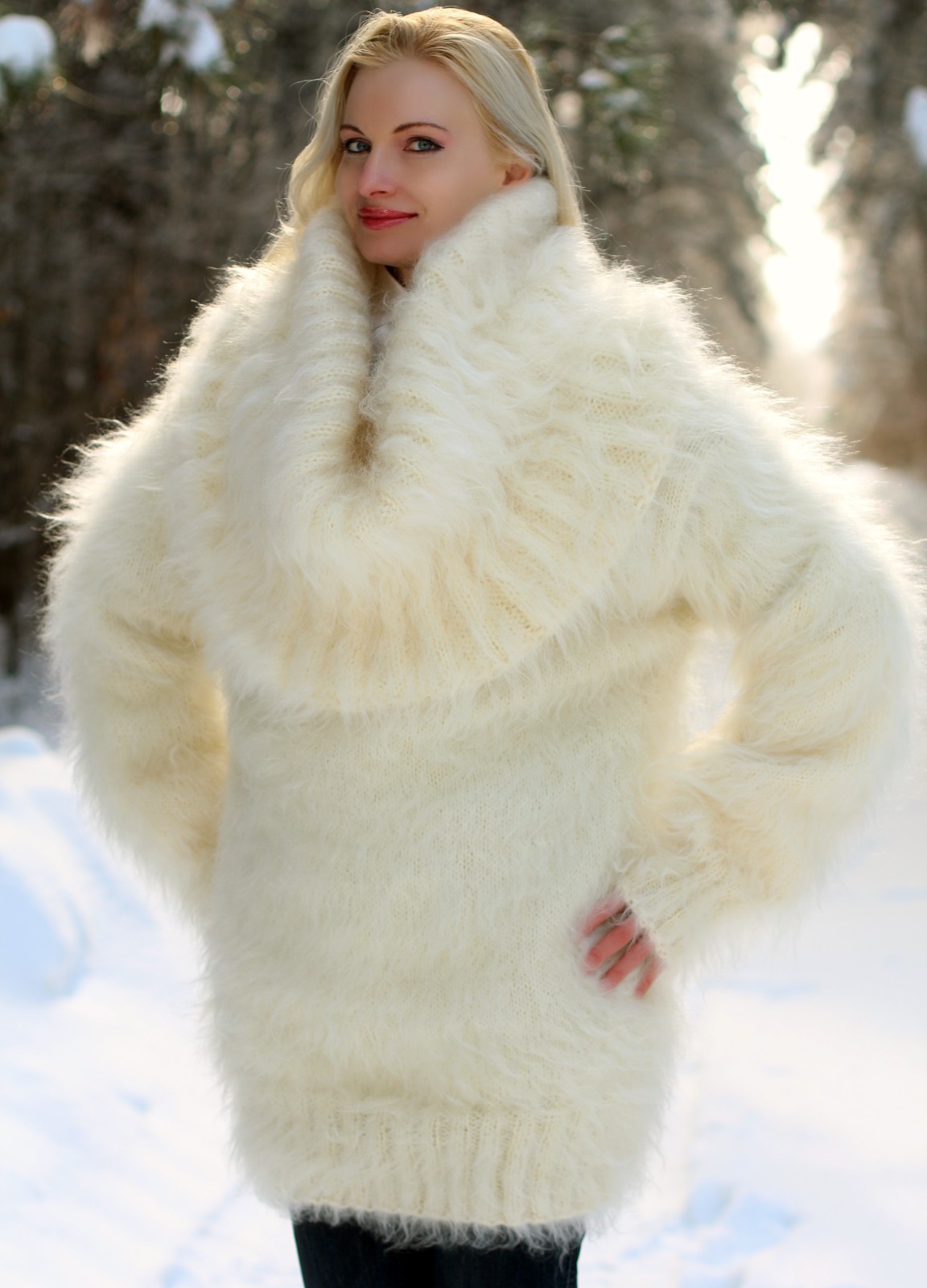 Ivory cowl neck fuzzy mohair sweater thick winter dress handmade fluffy tunic XL