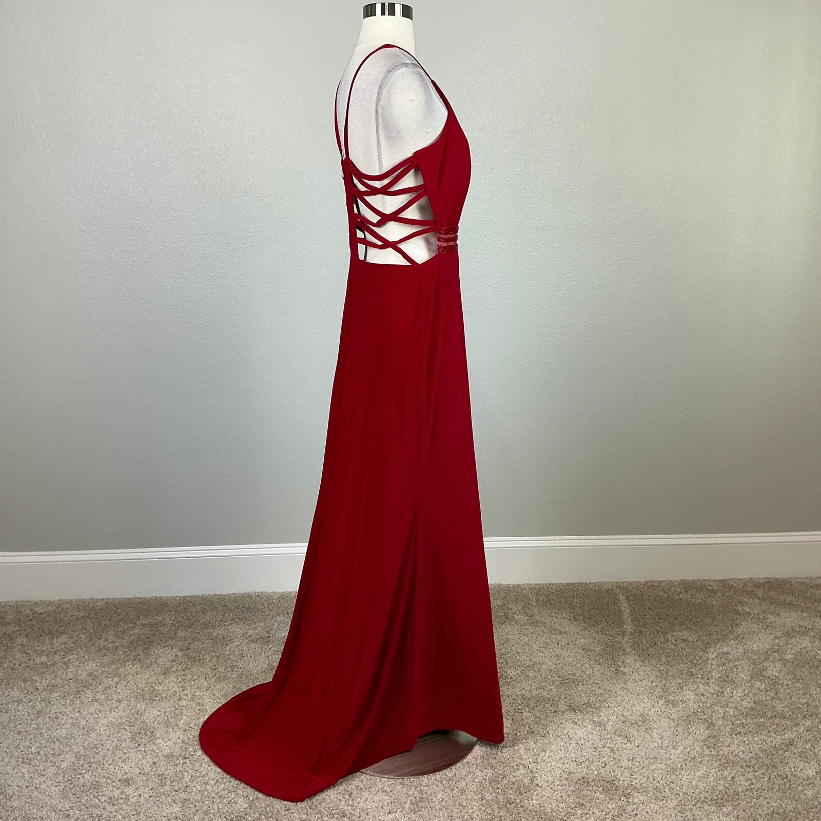 Nightway Red Evening Gown Backless Cut Out Thigh Slit A-Line Long Dress Size 10