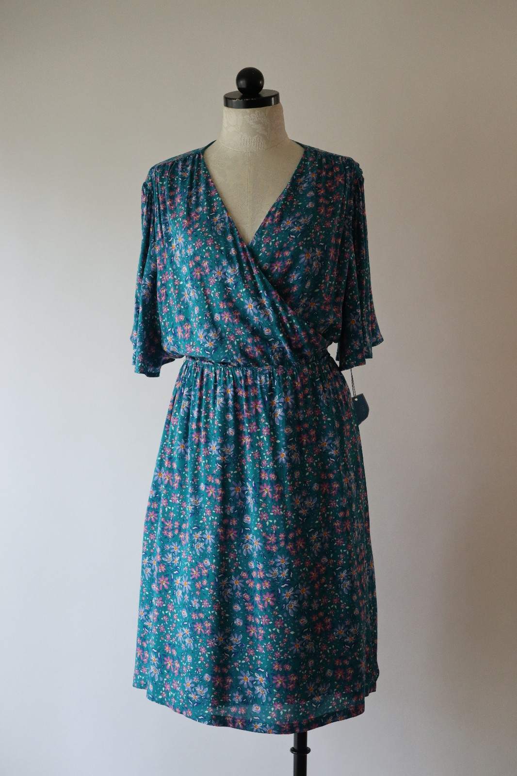 Draper James RSVP Teal Green Floral Short Batwing Sleeve Wrap Dress Women XXL