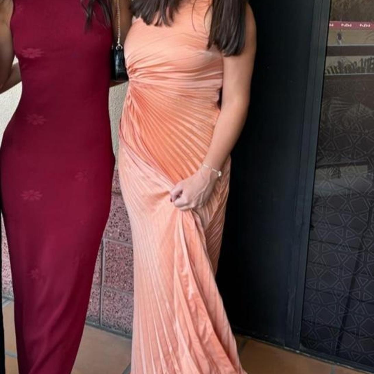 Shareen Collections One Shoulder Pleated Maxi Dress Peach Apricot Cut Out Formal
