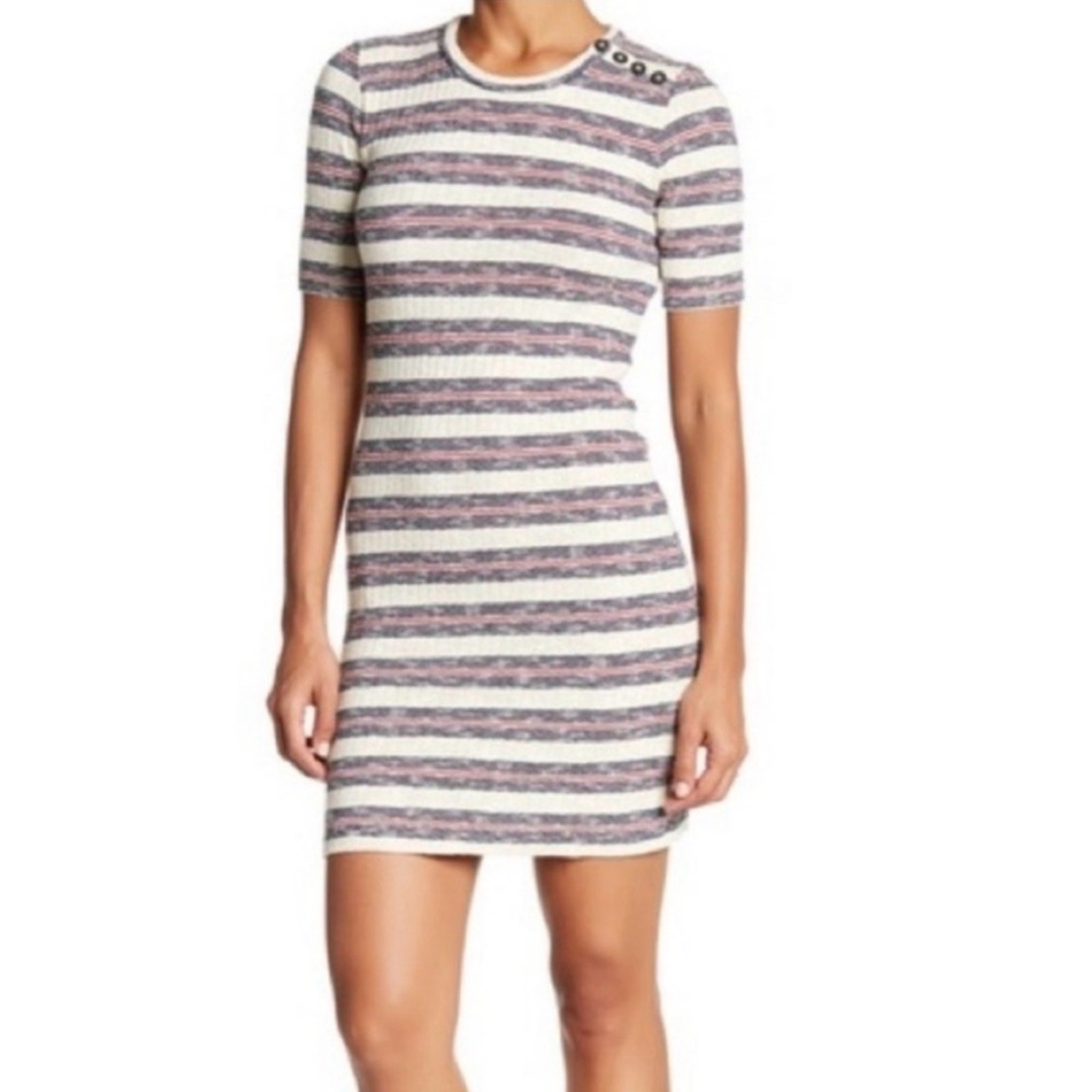 Madewell Ribbed Striped Knit Dress Short Sleeve Bodycon crew neck preppy buttons