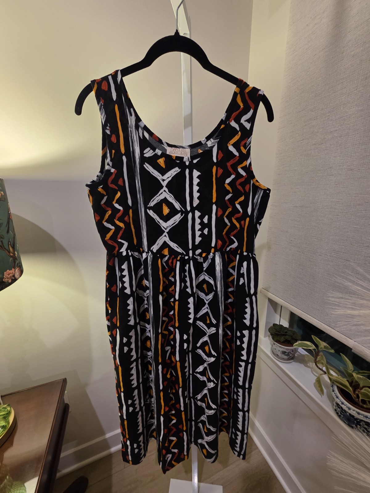 Midi Sun Dress Black Orange White Geometric Print Sleeveless M VTG
