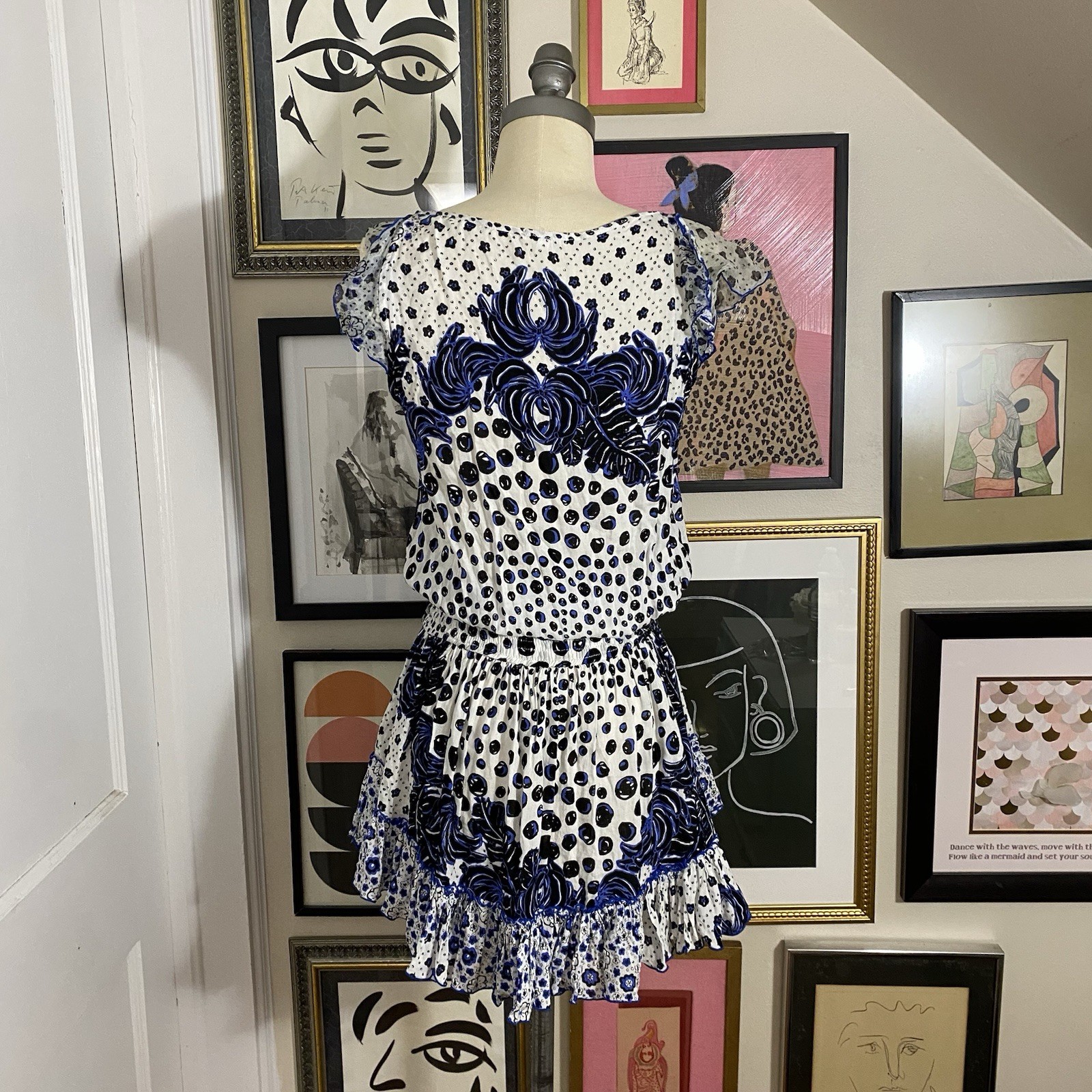 Poupette St Barth Women Blue Ruffle Boho Tiered V Neck Beline Mini Dress Sz XS