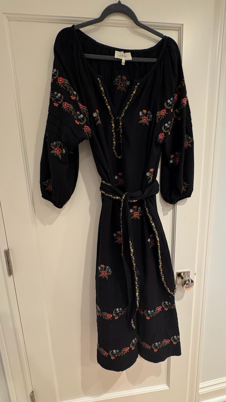 The GREAT Black Floral Embroidered Cotton Linen Peasant Midi Dress Sz 2 Belted
