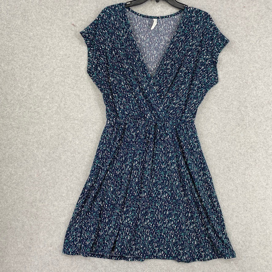 Mia & Tess Dress Womens Large Blue Abstract Knit Stretch Waist Faux Wrap Office