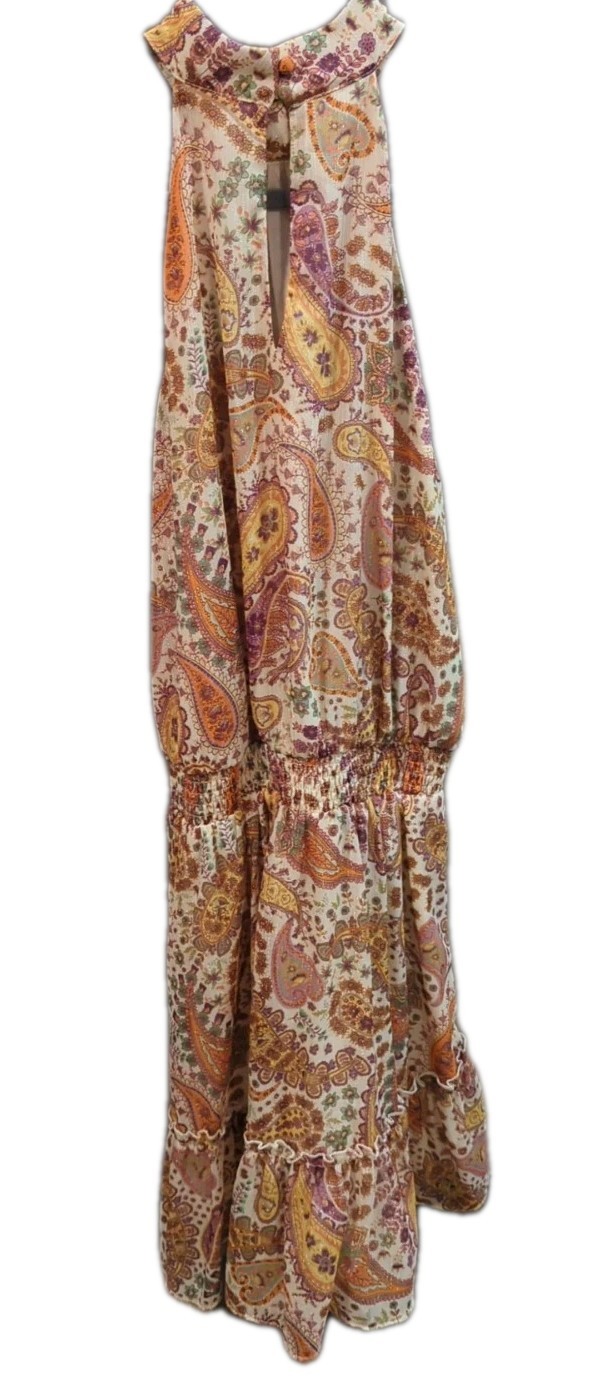 NWT Sweet Lemon M Paisley Halter Mini Dress Ruched Waist Lined Boho Gold Shimmer