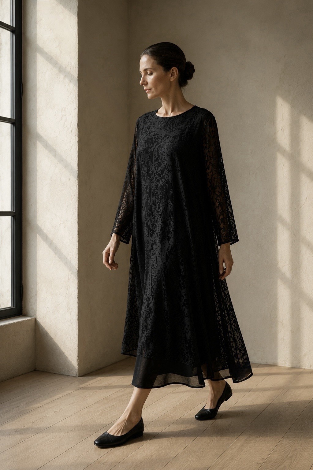 Eskandar Black Silk Blend Devore A-Line Dress Size 2 Layered