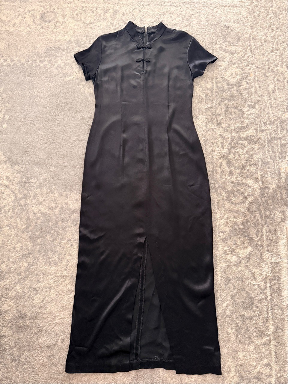 Vintage Mica Maxi Dress Cheongsam/Qipao Satin Chinese Black Size 12 80s USA