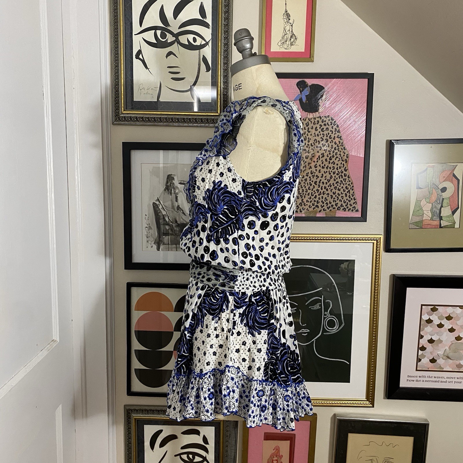 Poupette St Barth Women Blue Ruffle Boho Tiered V Neck Beline Mini Dress Sz XS