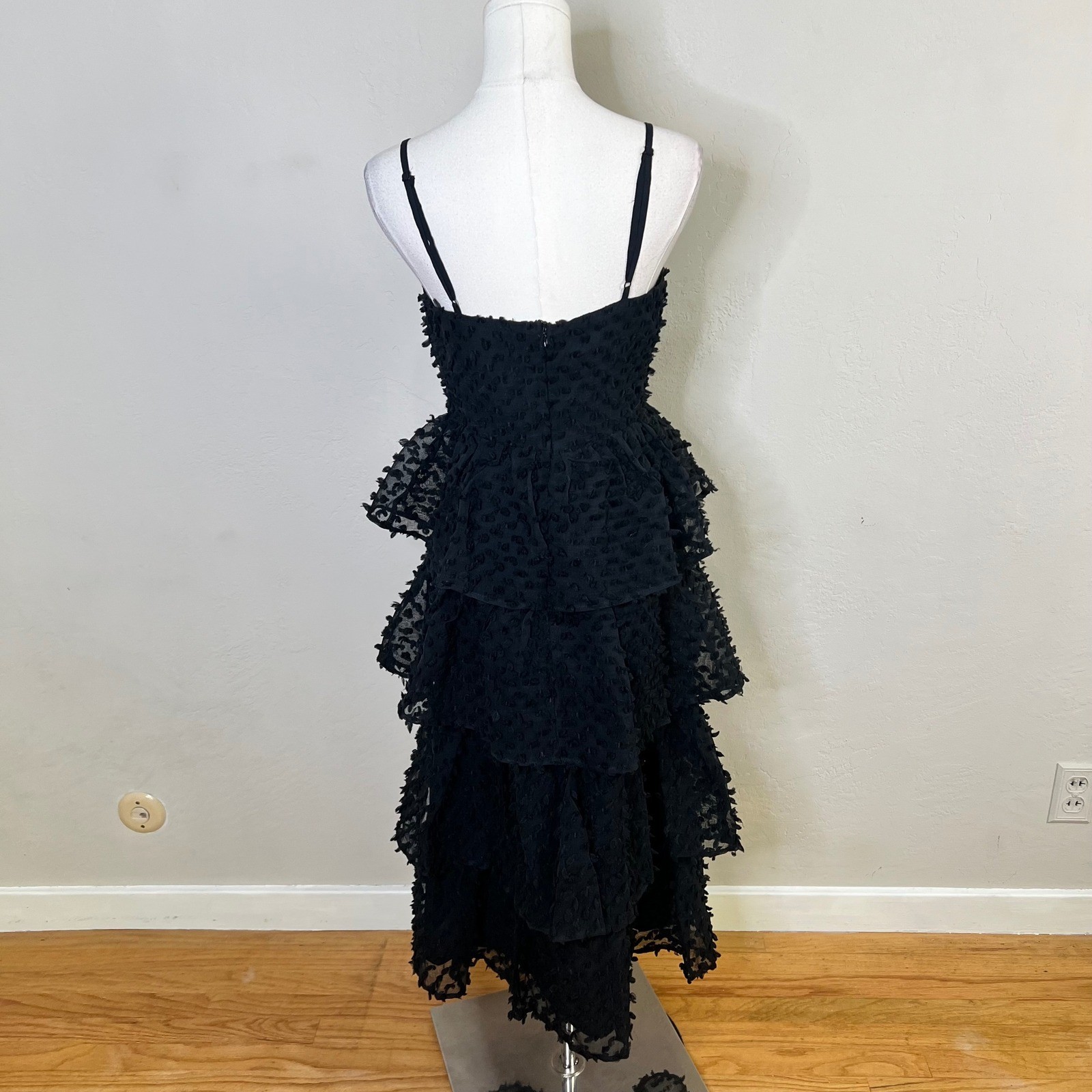 Lulus Dress Tiered Midi Size S Black Clip Dot Spaghetti Strap Cocktail Textured