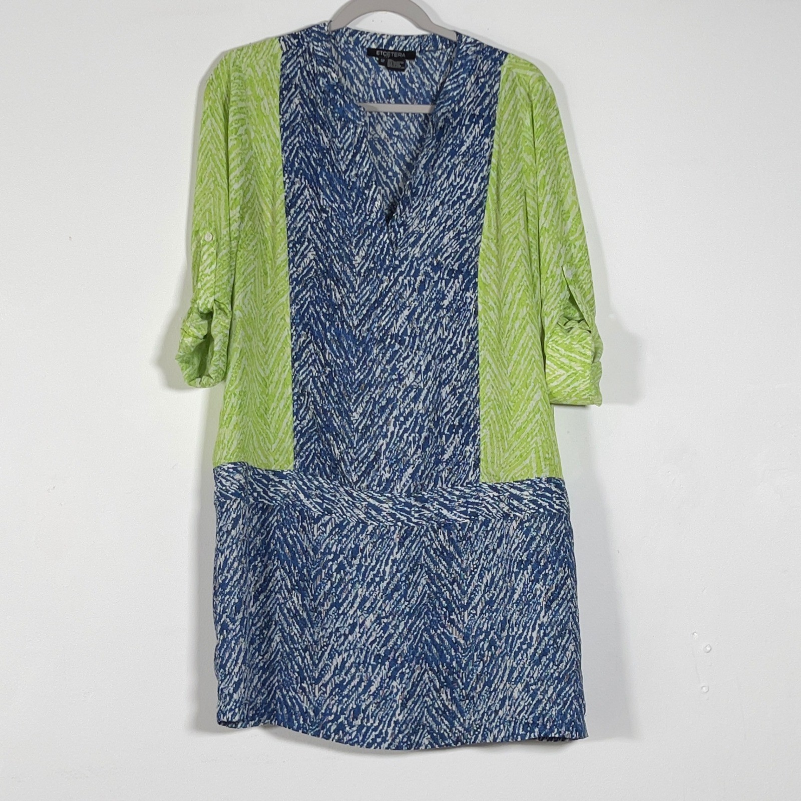 Etcetera V-Neck Roll Tab Shift Dress Womens Sz 12 Blue Green Colorblock