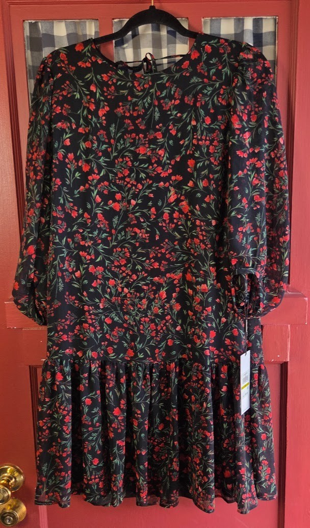 Calvin Klein Women’s Black Red Floral Long Sleeve Midi Dress Ruffle Hem Size 14