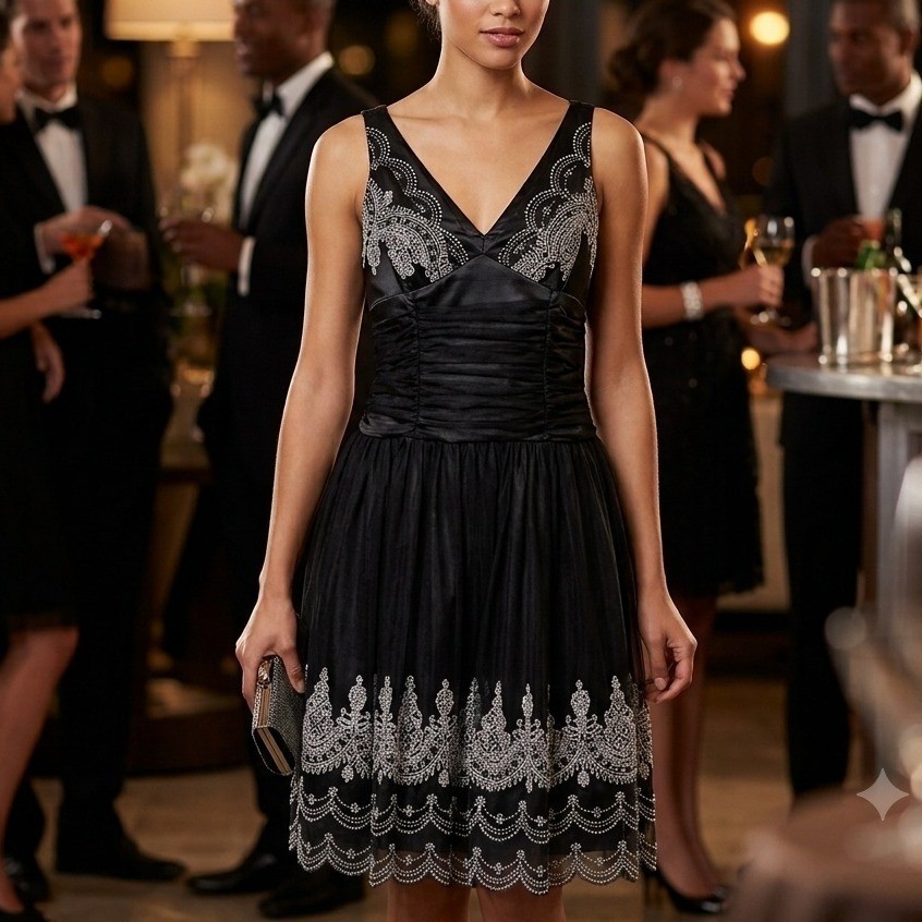 Scott McClintock Womens Black Beaded Tulle Cocktail Dress Size 6 Ruched Glam