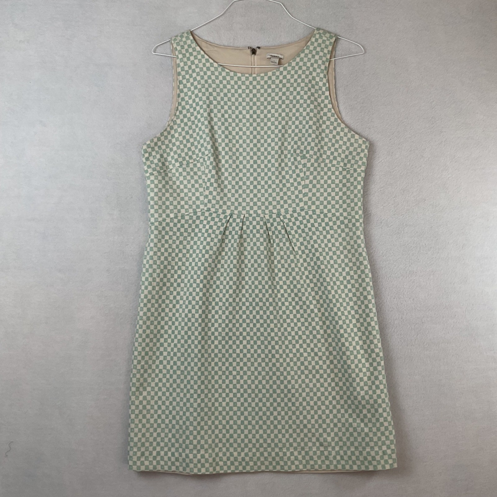 Fossil Womens Sage Green Checkered Sleeveless Shift Dress Size L Cotton Blend