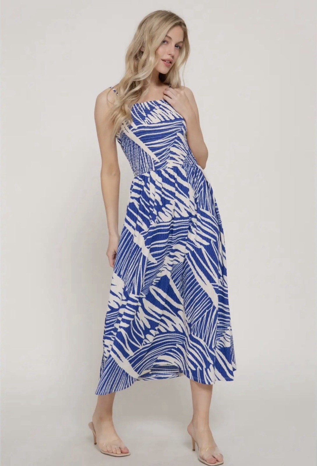 Active Blue White Smocked Spaghetti Strap Summer Sun Midi Dress