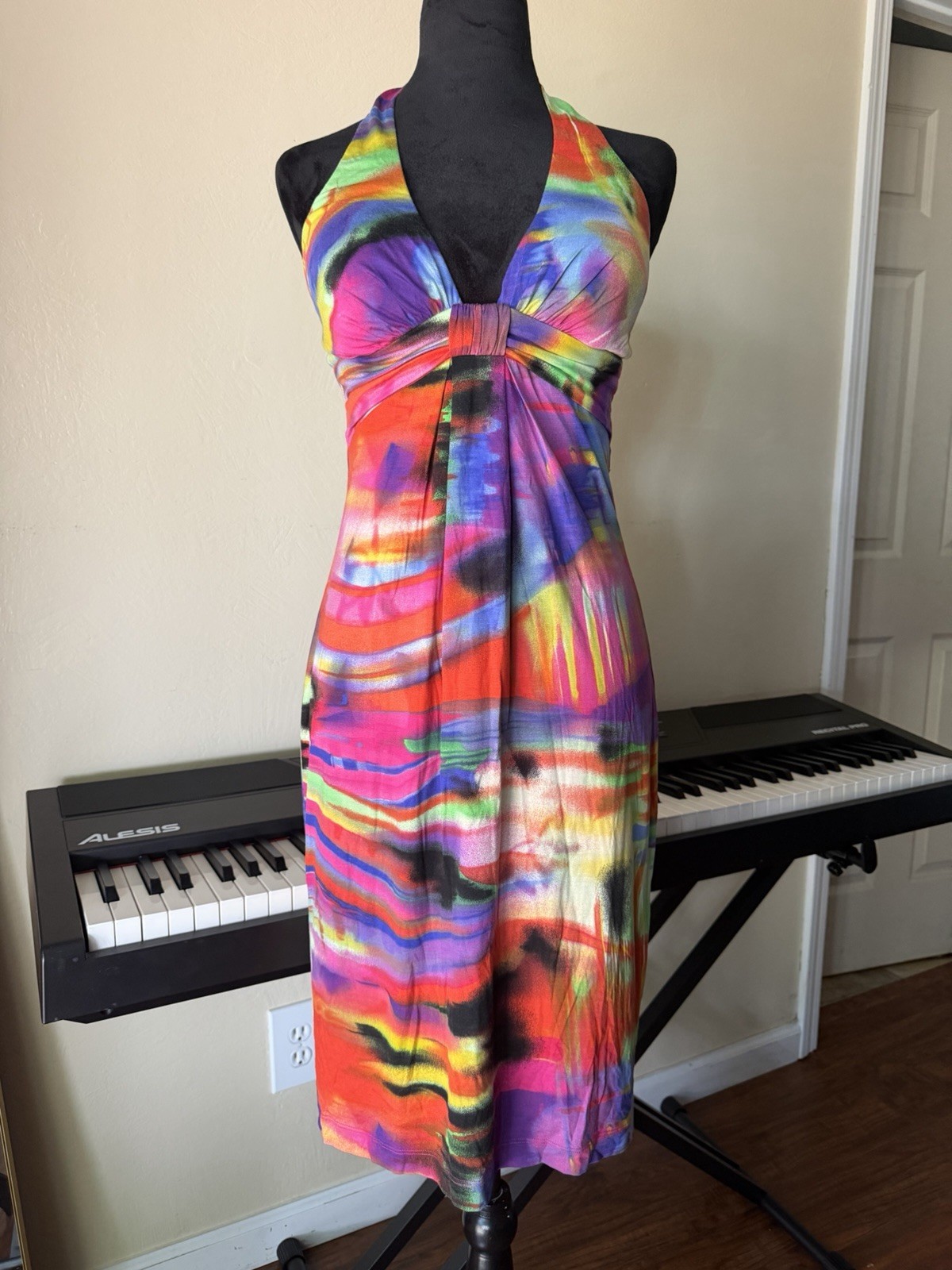 Cache Halter Dress Womens 10 Knit Colorful halter Tropical Bodycon NWT