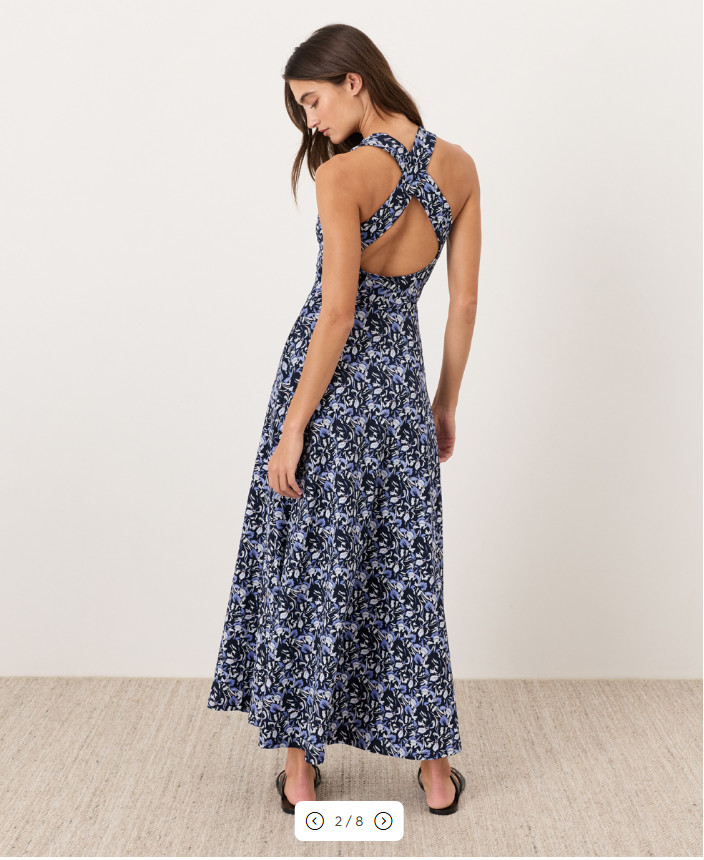 PACT Organic Fit & Flare Open Back Maxi Dress – Paradise Petals Navy Blue NEW