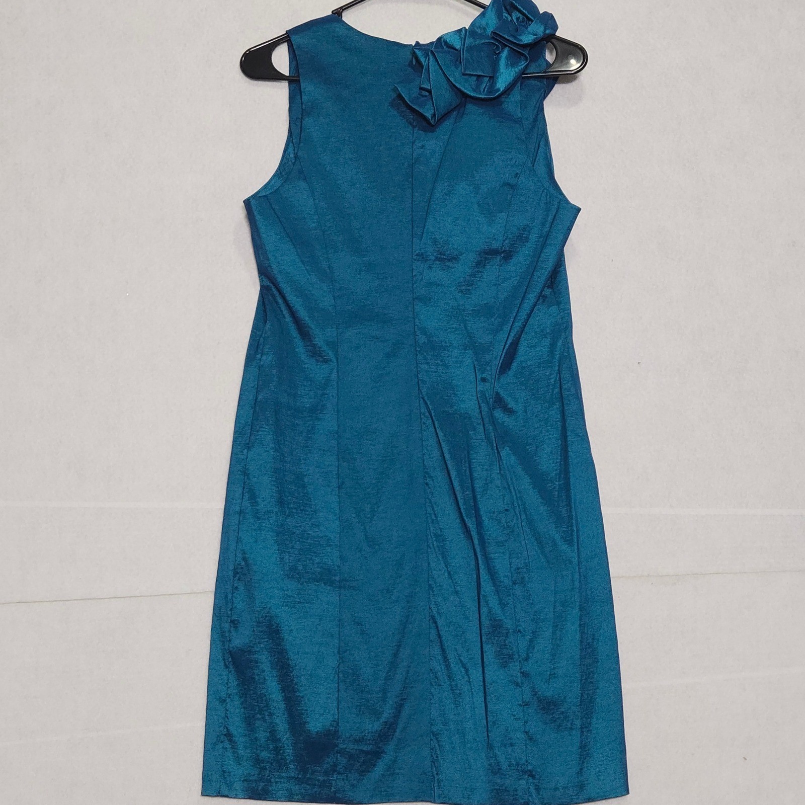 Periwinkle Teal Blue Shimmer Ruffle Neck Sheath Dress Size 12 17.5″ Made in USA