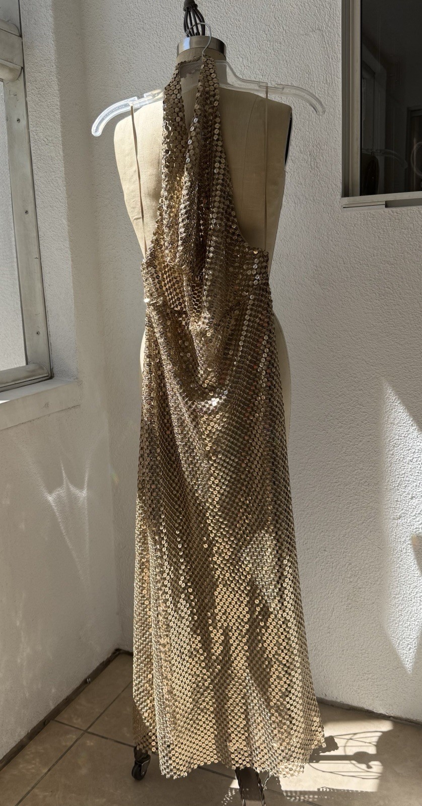 Zara Gold Halter Cowl Neck Open Back Sequin Midi Dress Size l