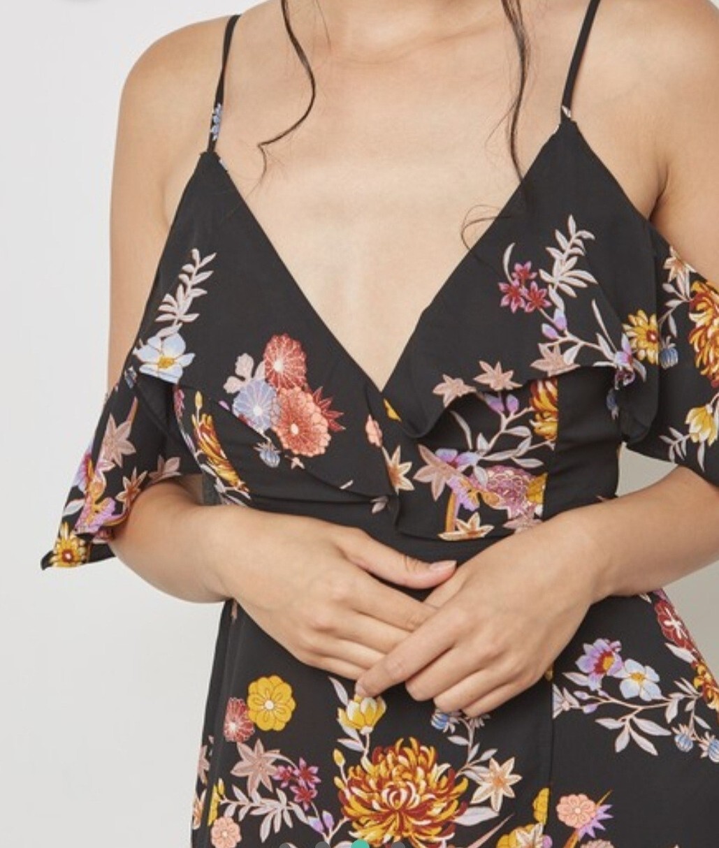 Forever 21 Black Tropical Floral Print Cold Shoulder Dress Size Small
