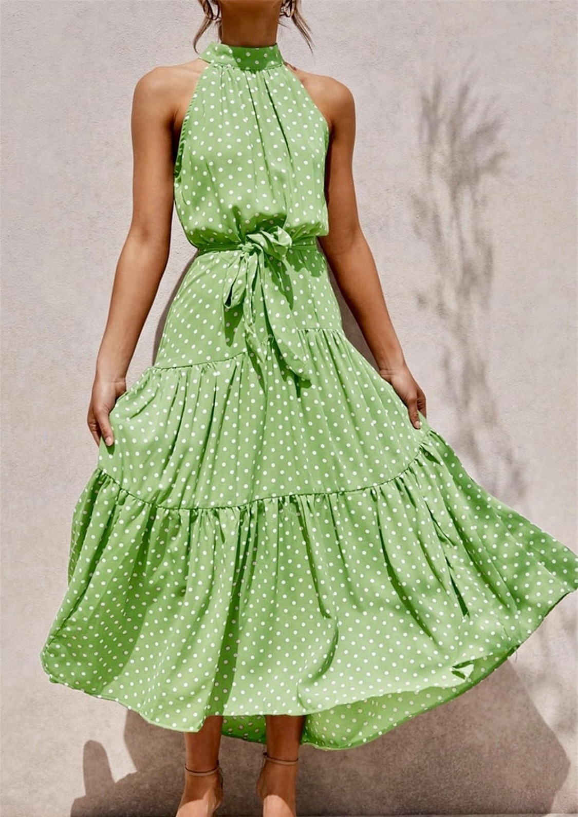 PRETTYGARDEN Women’s Sun Dress Sleeveless Halter Neck Open Back Green Dot – M