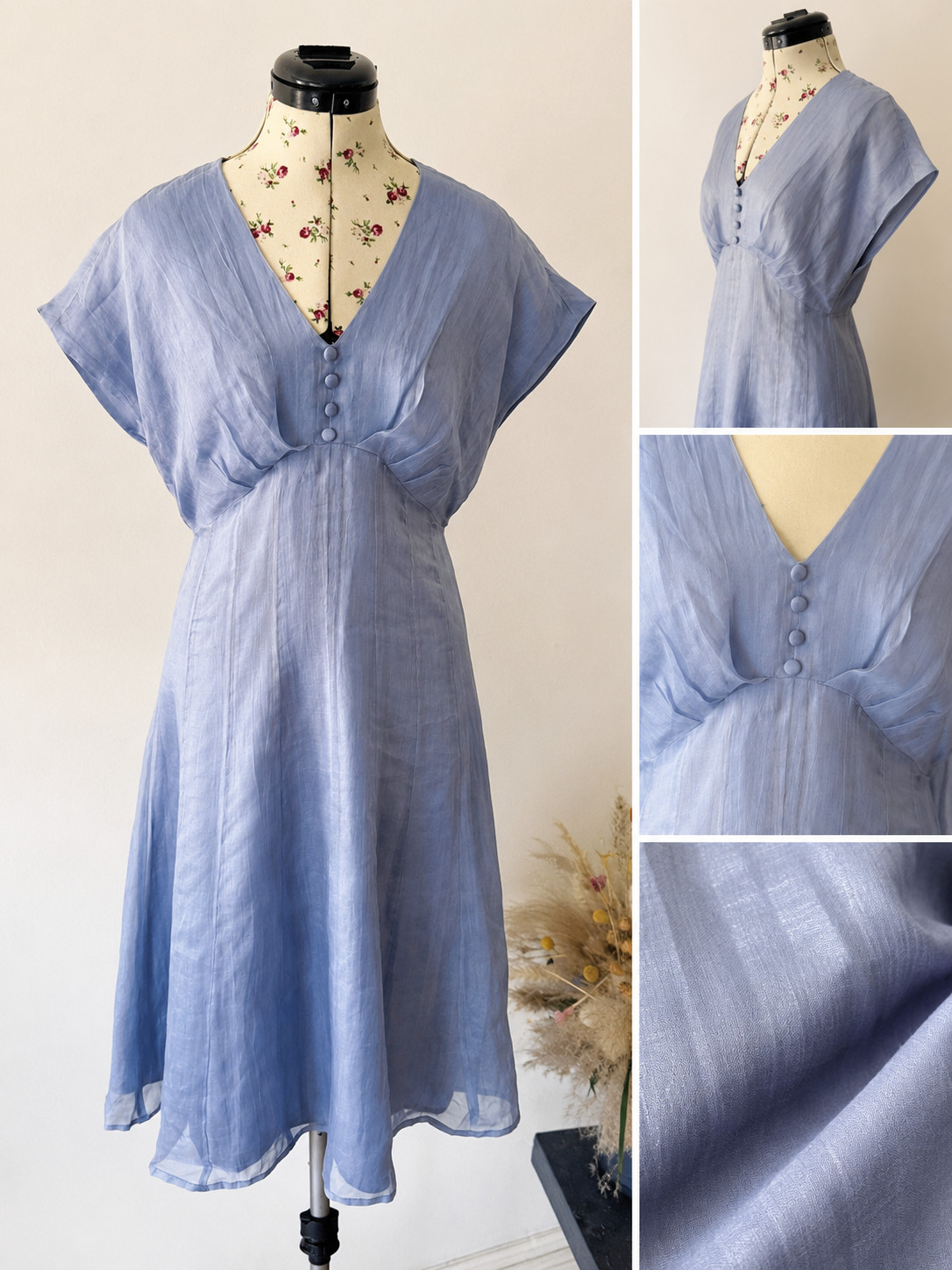Nancy Mac 100% Pure Silk Dress Size 2 UK 8–10 Blue Shimmer Occasion Midi Dress