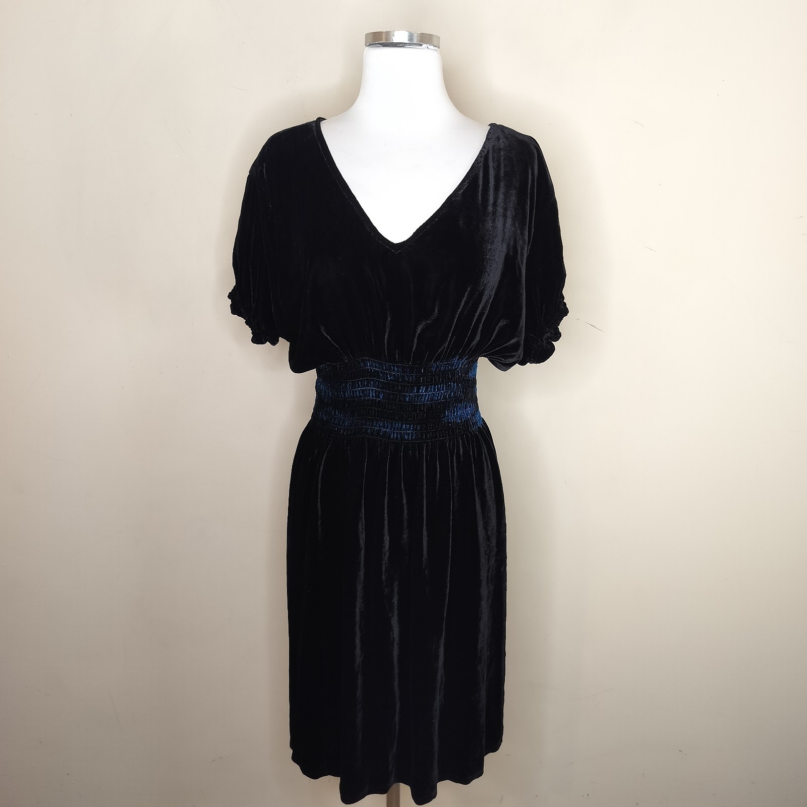 Heyne Bogut Velvet Dress Size 2 Small Smocked Waist Rayon Silk Black Grunge Art