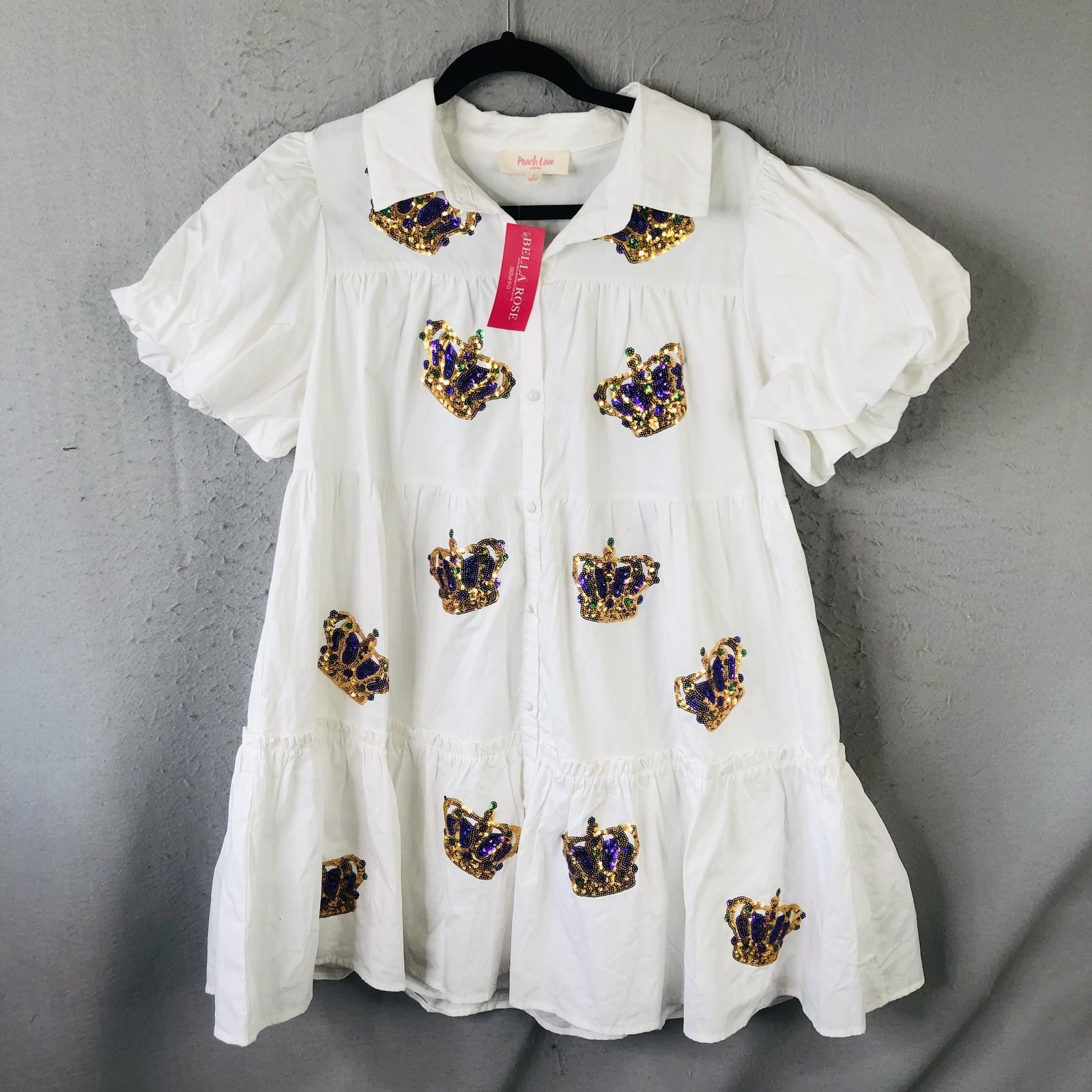 Peach Love California Dress Womens L White Shirt Sequin Crown Tiered Mardi Gras