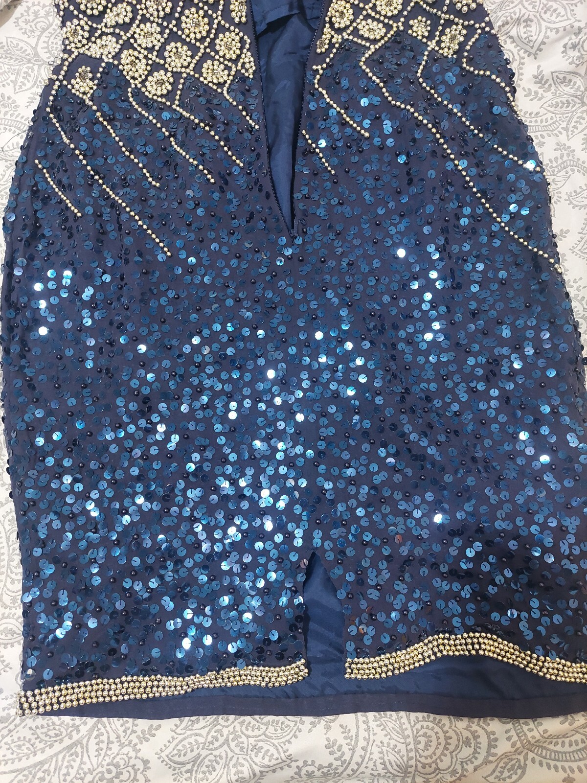 A J Bari Vintage 100% Silk Blue Silver Sequin Beaded Flower Evening Dress size 8