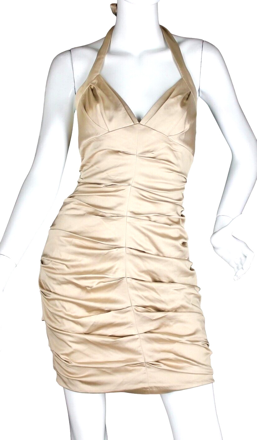 {BCBG} Halter Dress Sz. 6 Bodycon Champagne Ruched Lined Zip Dressy/Party/Club