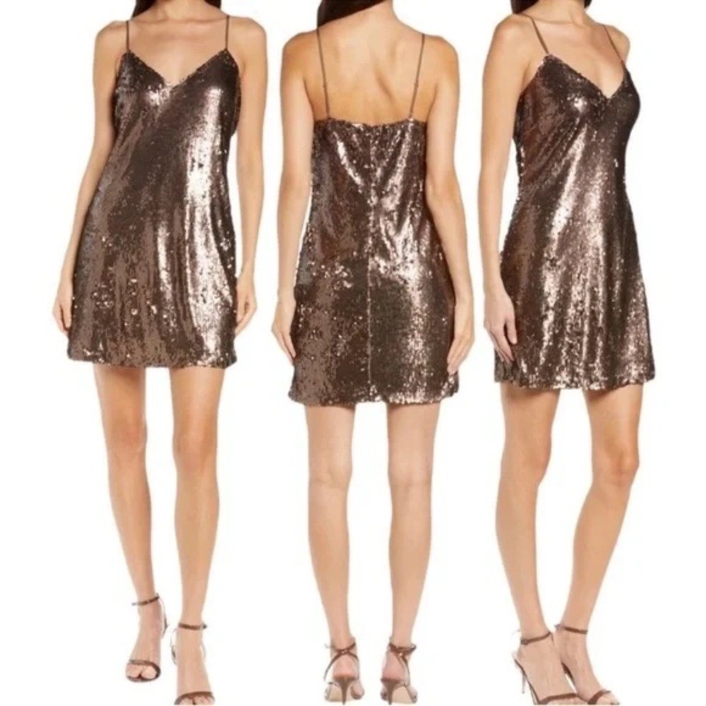 L’AGENCE Bronze brown spaghetti strap Sequin mini dress