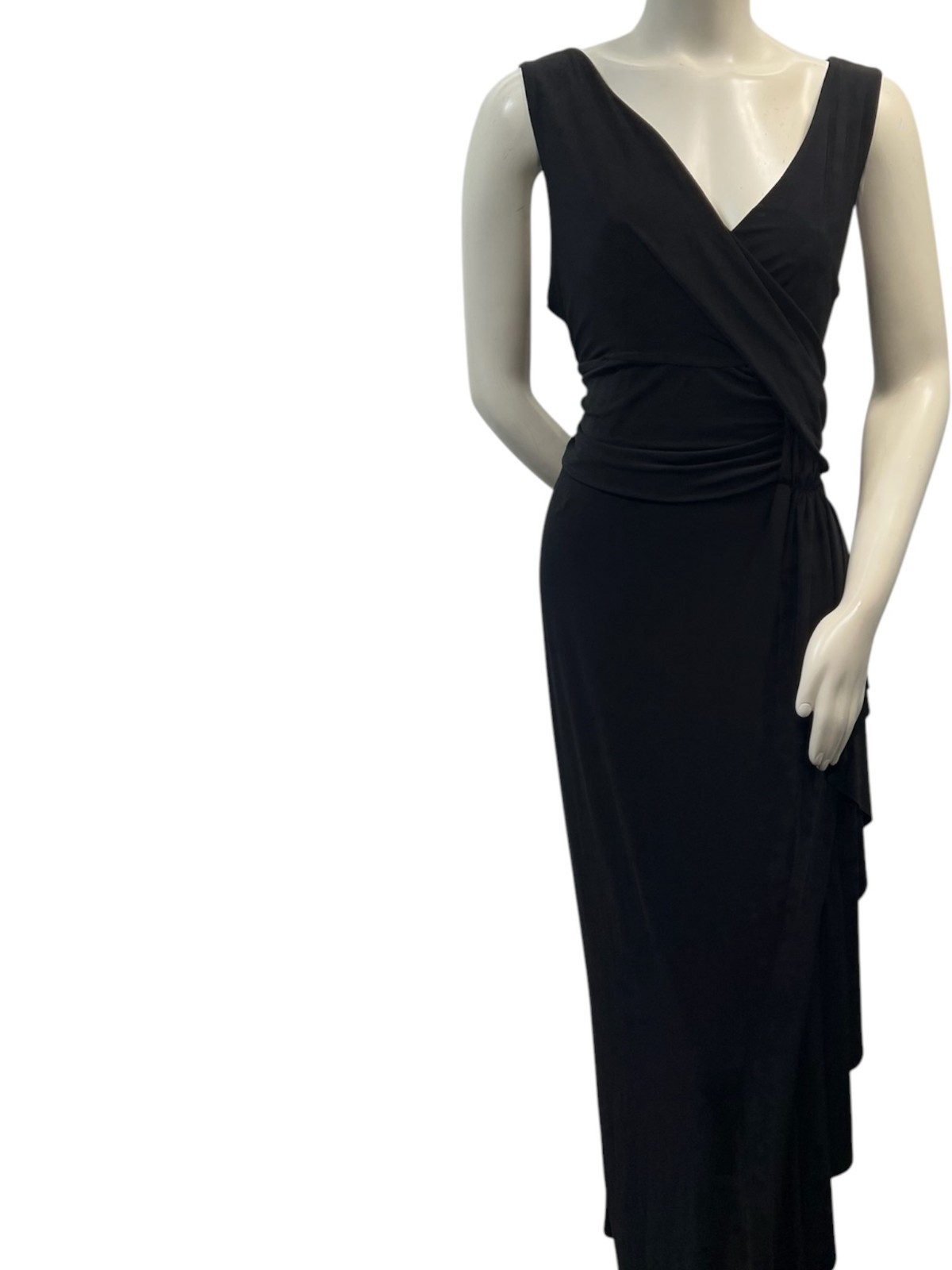 Kasper Dress Womens Size XL Black Sleeveless Vneck Cinch Waist Ruffled Side New