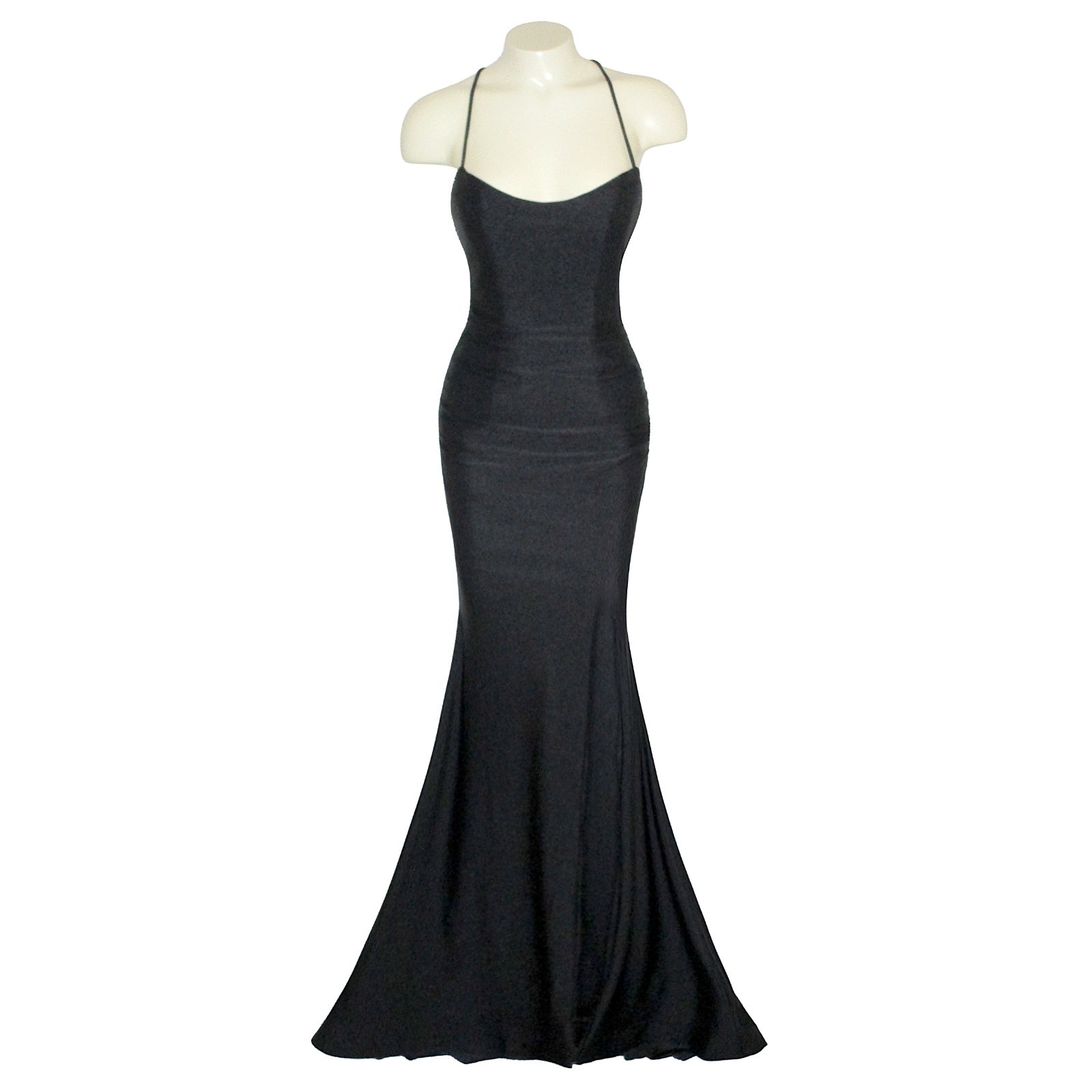 Sz 0 Black Mermaid Dress Leg Slit Backless Lace-Up Stretch Jersey Train Clarisse