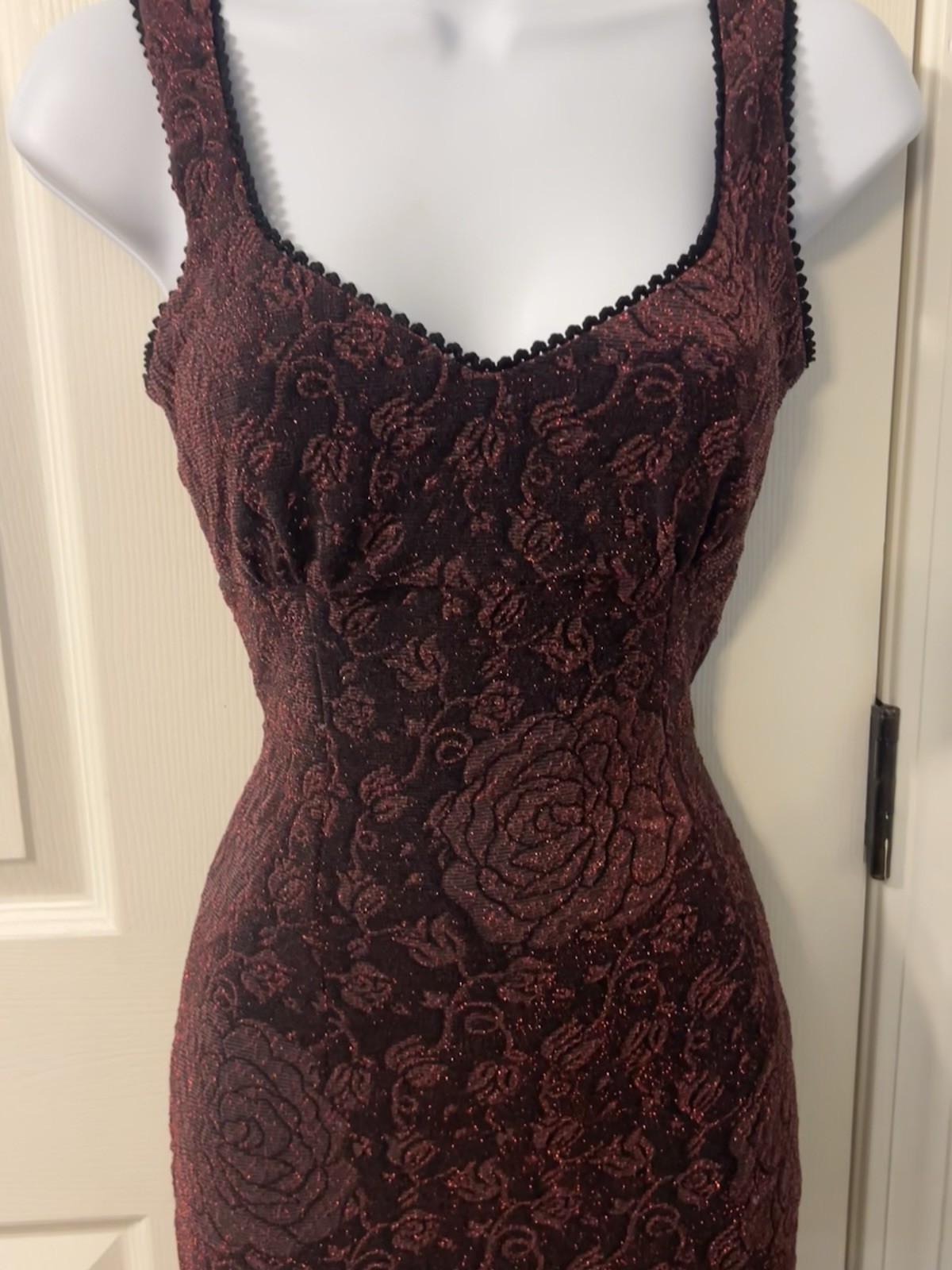 90s Y2K Whimsy Goth Romantic Burgundy Dark Red Glitter Roses Dress Small Grunge